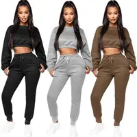 

1119M034 hot sale sold color sleeve crop hoodie pockets leisure Clothing Pant Women Two Piece Outfits Set womens 2 piece outfit