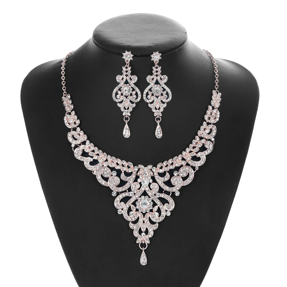 

Rose Gold Necklace Set Rhinestone wedding Jewelry large sizeBridal Jewelry Set