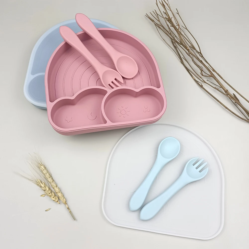 

RTS Silicone Plate With Lid Baby Feeding Set With Spoon And Fork Kit Bebe Plato BPA Free Microwave Dishwasher Safe