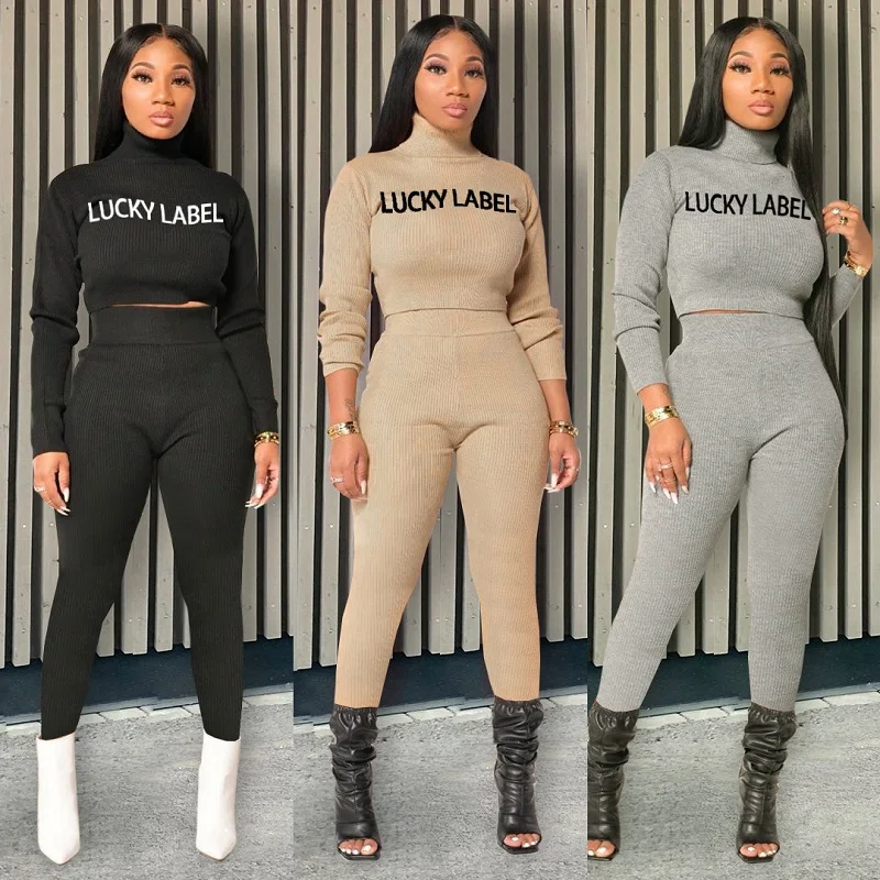 

winter casual knitted Pit stripe High collar tracksuit outfits women fall lucky label high stretch ribbed two piece legging set