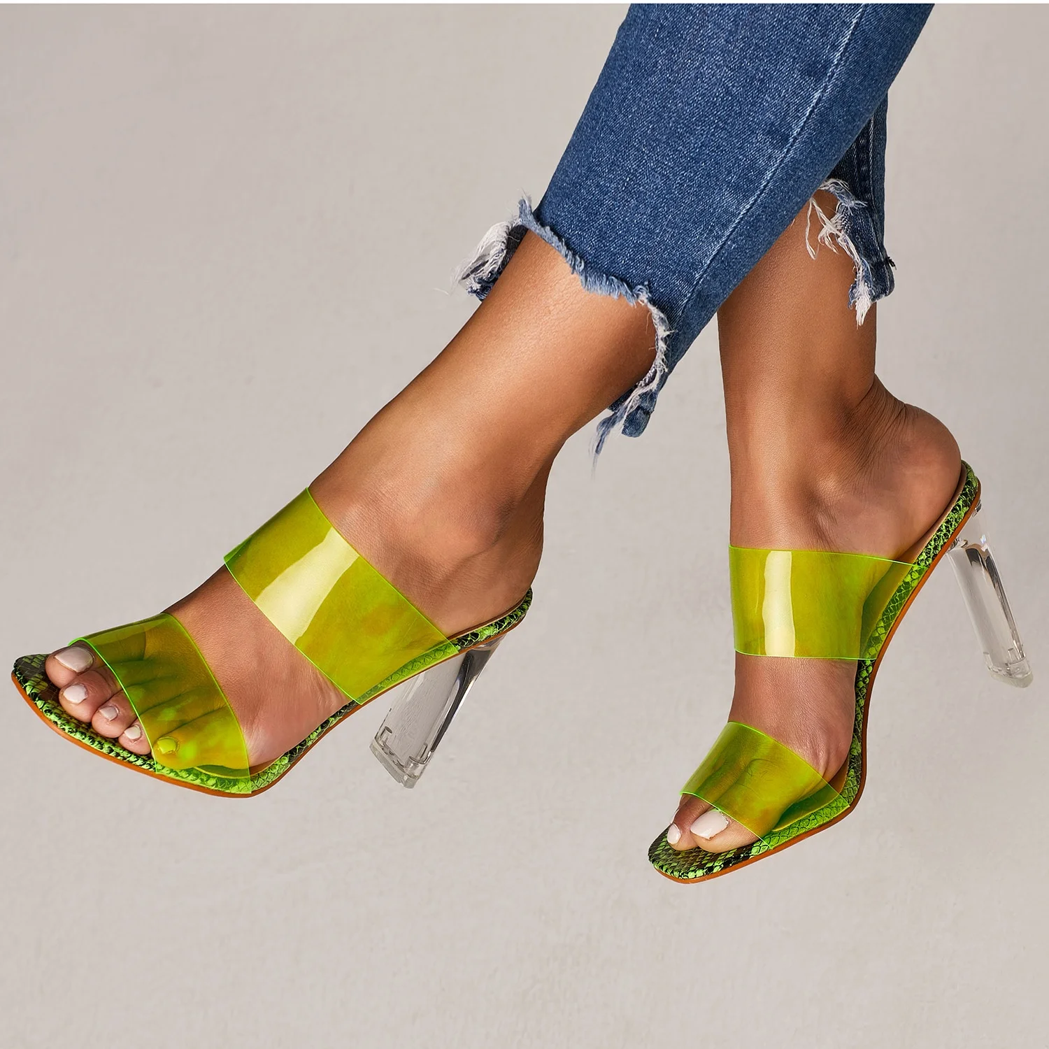 

New Arrival Summer Transparent High Heel Sandals Sexy High Heels Clear Nude Flat Sandals For Women designer sandals, Green/silver