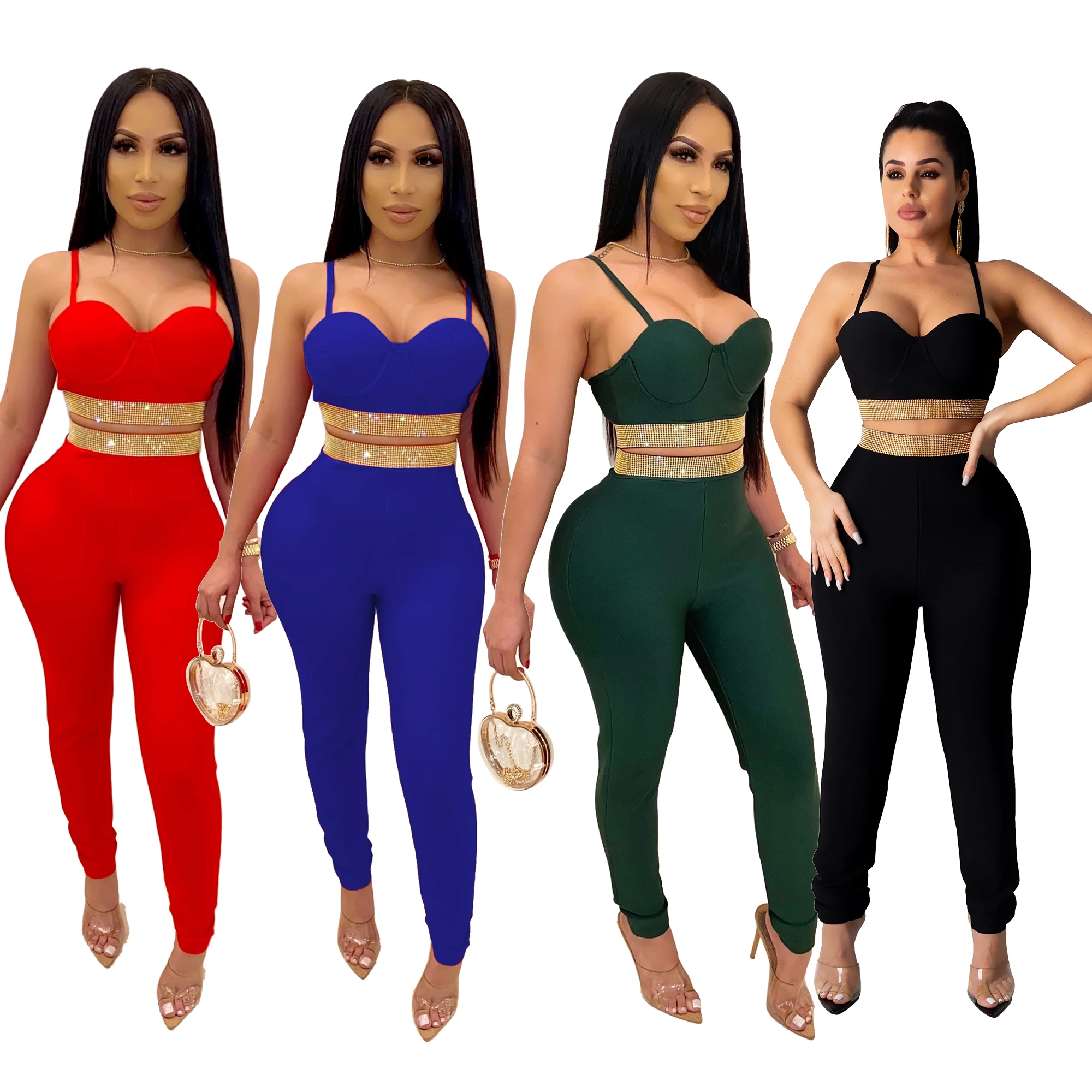 

APOLLO Sling Suspender Sexy Off Shoulder Nightclub Rhinestone Tight Two Pieces Suits, Many color