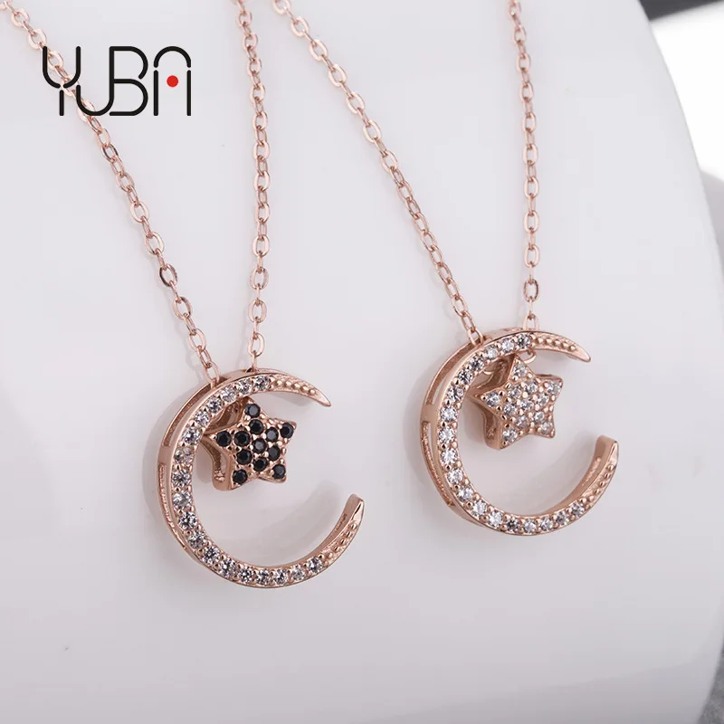 

Fashionable ZIRCON Rose Gold Silver Plated S925 silver Moon and stars Charm Pendant Necklace Jewelry Women's, Silver color