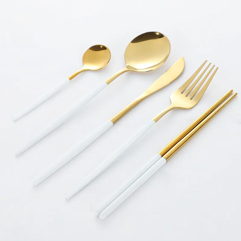 

Portugal style fork spoon knife chopsticks 5pcs gold stainless steel flatware dinnerware cutlery set with white handle, Green,white,pink,red,black