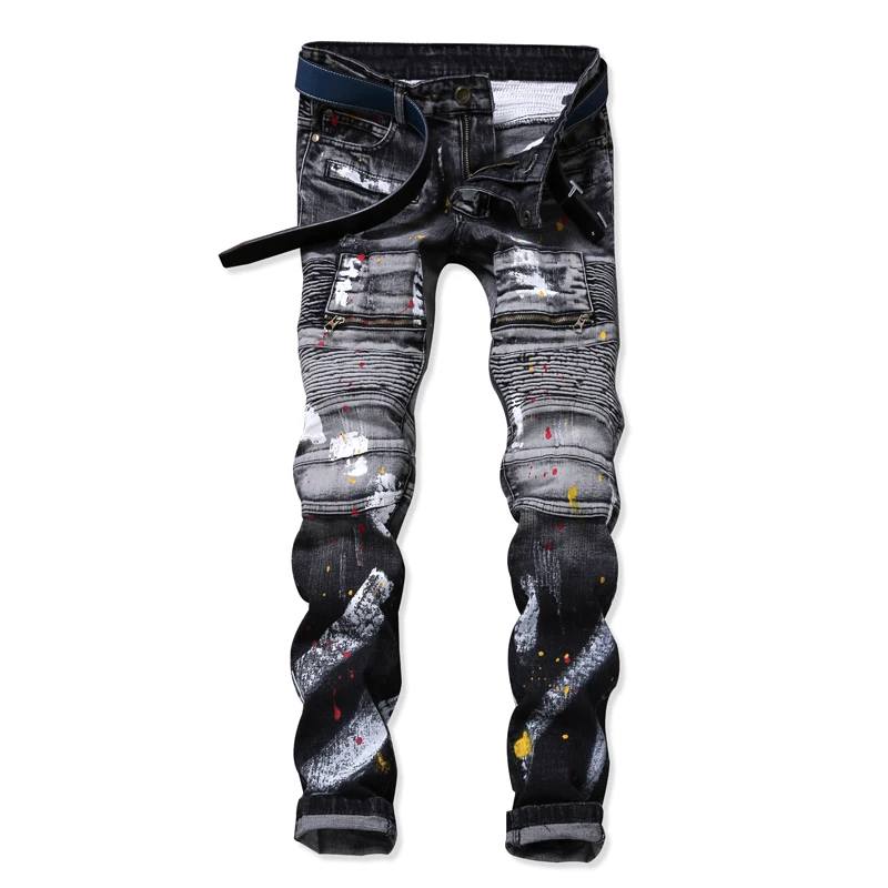 

In stock fancy wholesale fashion streetwear spray hand painted men's denim biker jeans trousers denim, Customized color