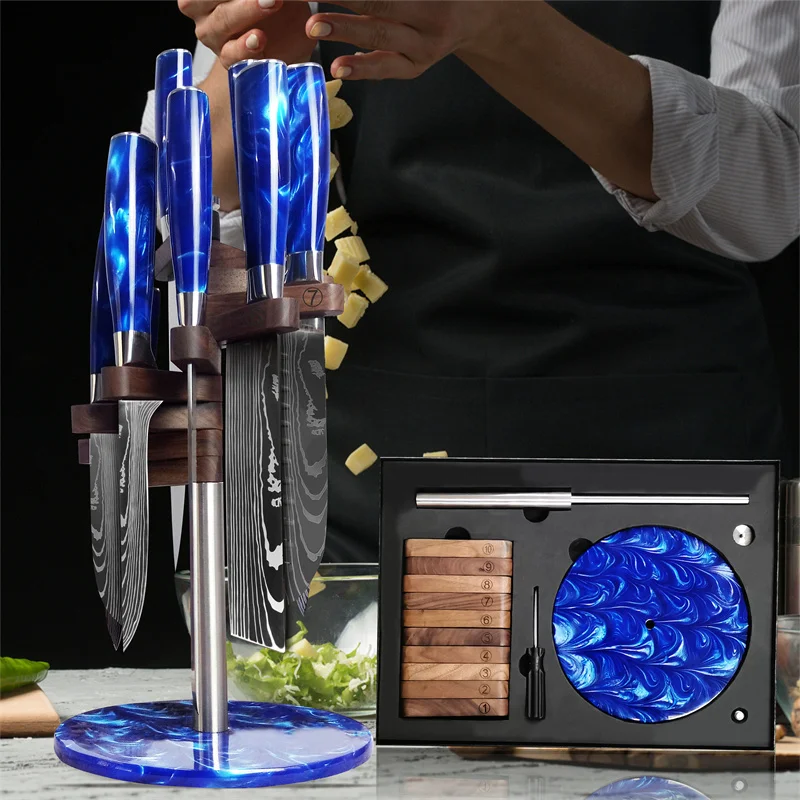 

New design durable 10 pcs color resin handle with rotating holder gift box christmas present utility very sharp knife set, Blue
