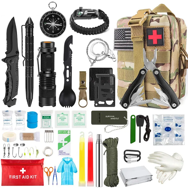 

14 in1 Outdoor Military Travel Camping Hiking Emergency Survival Kit Survival First Aid Kit SOS Tactical Survival Kit Set, Khaki/black