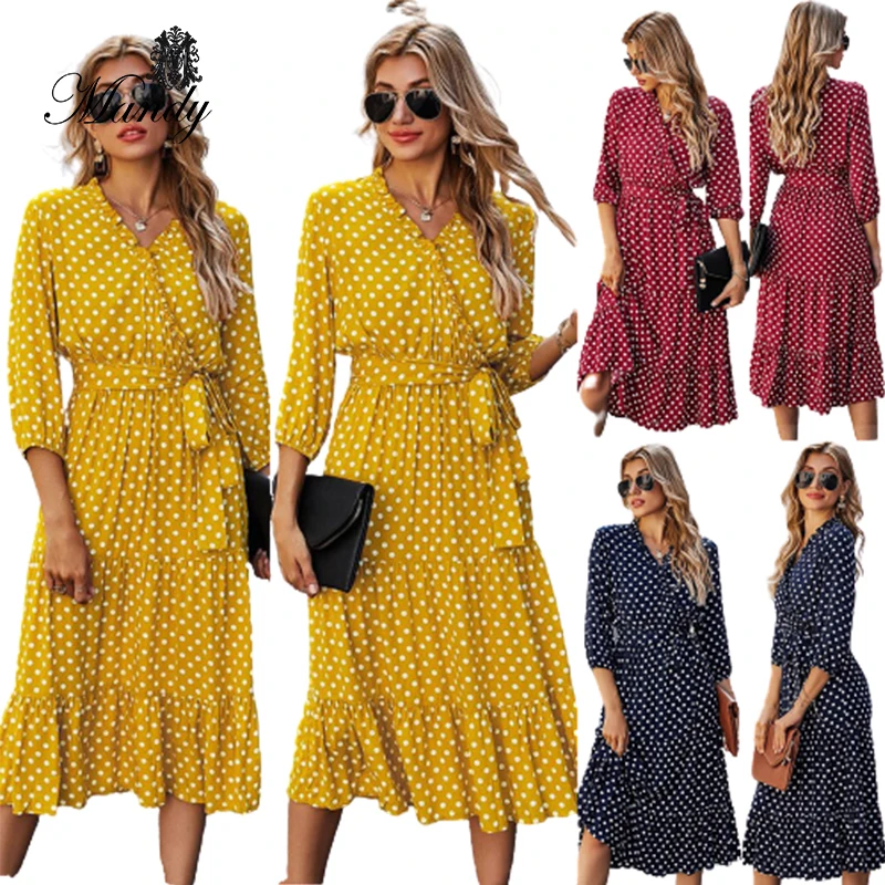 

2021 hot style classical woven midi print polka dot dress for women