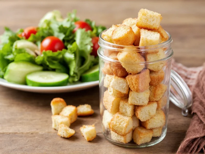 Homemade croutons in mason jar with fresh salad