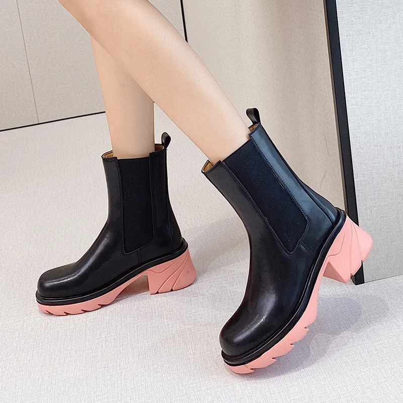 

2021 New Ladies Chelsea Boots First Layer Cowhide Women Shoes Color Thick Soled Women Booties