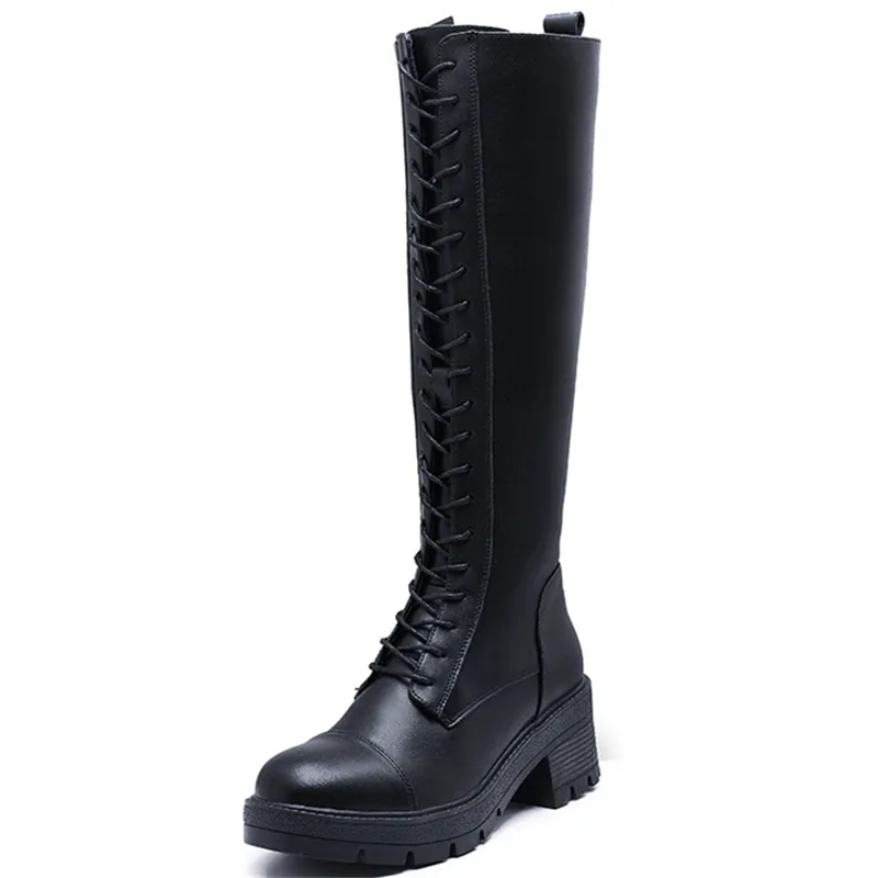 

Dropshipping Custom logo Mid-Calf Boots 2020 Genuine Leather Fashion Women Long Boots Autumn Round Toe Ladies Platform Shoes