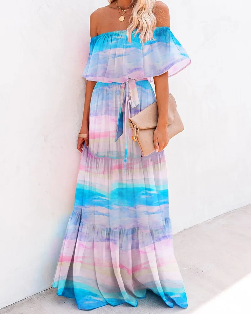 

2021 New Long Beach Print Dress Temperament Women's Casual Off-shoulder Dress