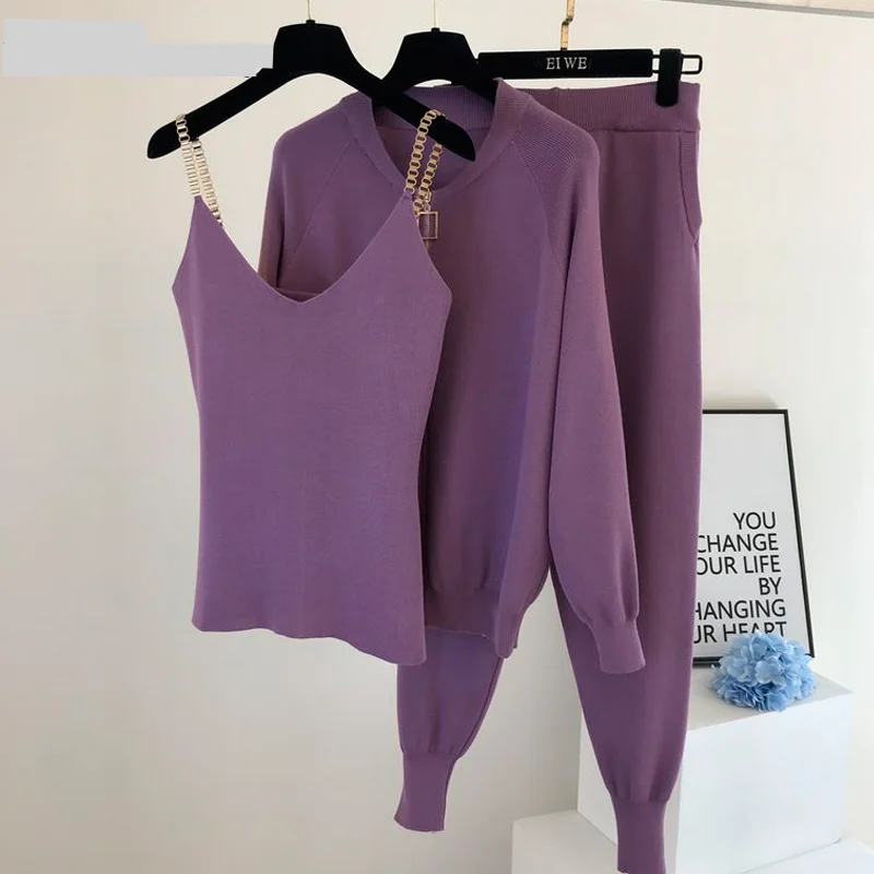 

2021 New 3pcs Knitting Suit Long-sleeved Zip Jacket Cardigans Tank Top Pants Women Fashion Solid Lounge Set Casual Tracksuits