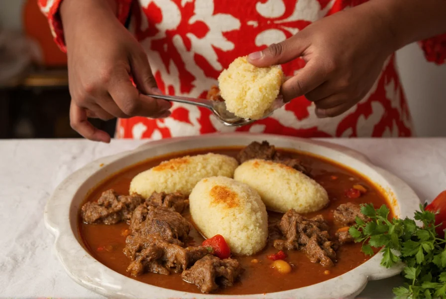 Nigerian woman serving goat meat pepper soup with traditional fufu accompaniment