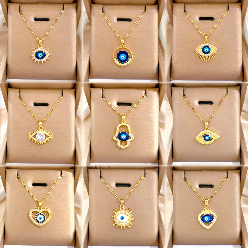 

Luxury Stainless Steel 18k Gold Plated Zircon Heart Evil Eyes Pendant Necklace Women Shiny Cz Palm Necklace Jewelry For Gift