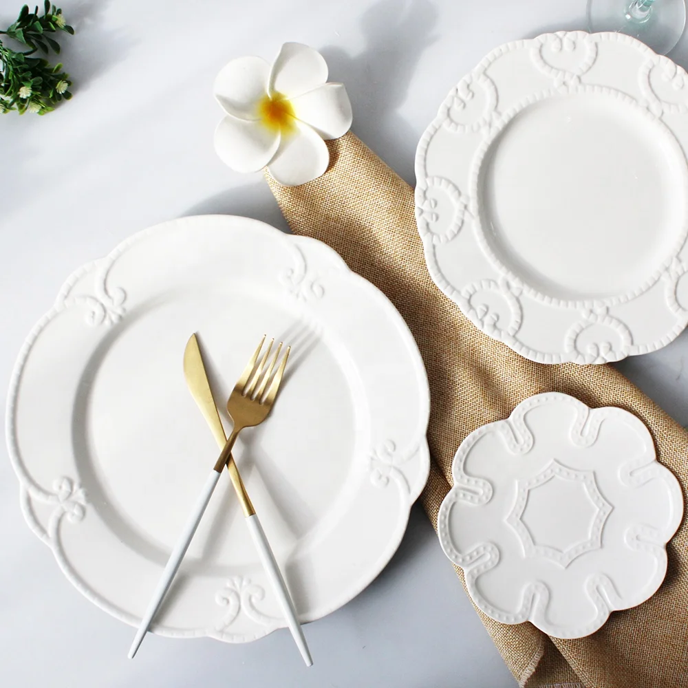 

Ceramic white embossed dinnerware sets western porcelain dinner plates, White color