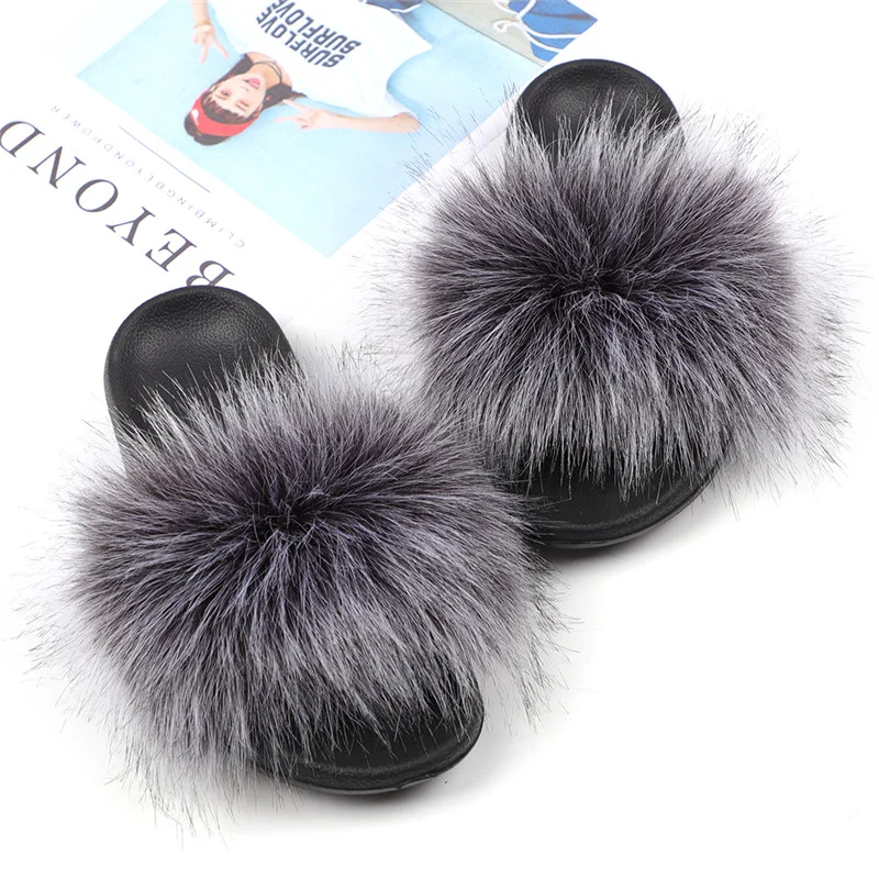 

Hot Sale Custom Logo Faux Fox Fur Slippers For Women Indoor fashion charm Furry Sandal colorful Slipper Slides, As picture
