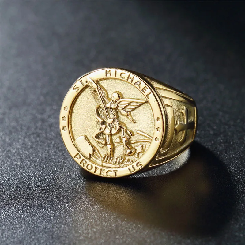 

Hip Hop Round Coin Design Gold Archangel Medal St Michael Catholic Jewelry Ring Stainless Steel 18k Gold Saint MIchael Men Ring, Gold plated