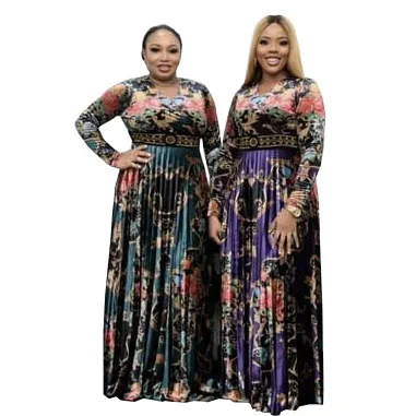 

Fashion Summer Vintage Floral Printing Diamond V-neck Evening Dresses Women Casual Long Sleeved Pleated Slim Dresses