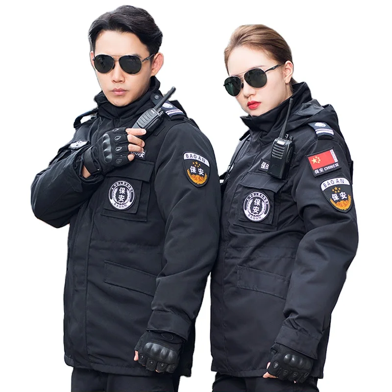 

Winter security guard clothing wool coat thickened with cotton liner autumn winter security coat, Black