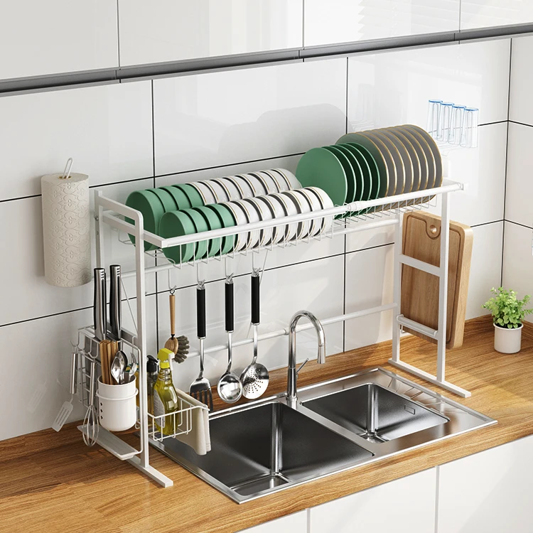 White Kitchen Telescopic Sink Rack Floor Multi-layer Wrought Iron Dish ...