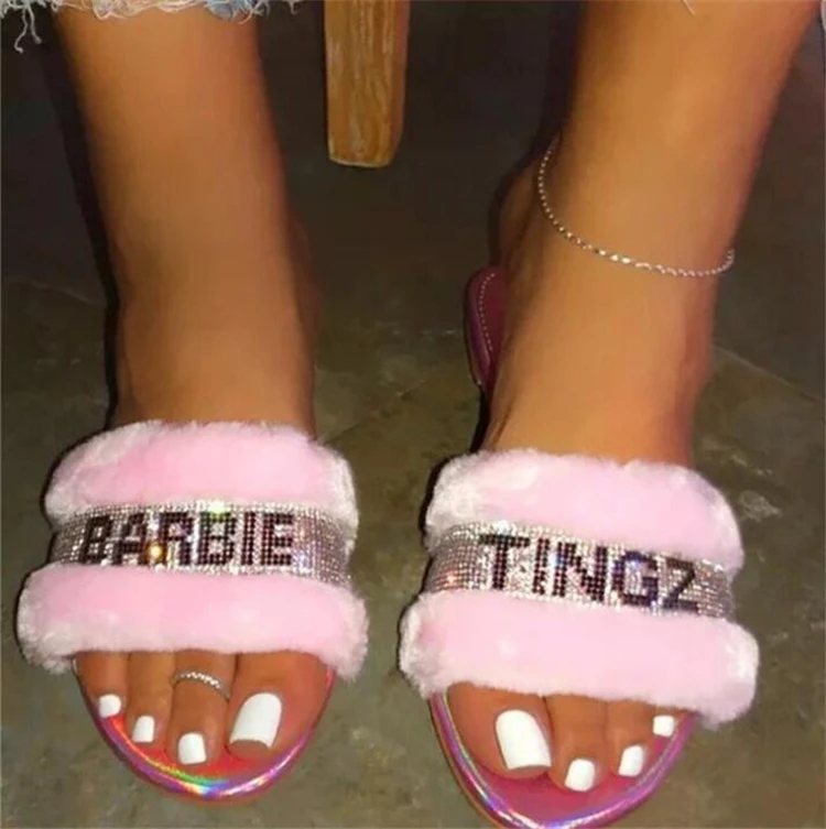 

Wholesale 2021 Fashion Diamond Sandals Ladies Pink Bling Fur Slides Slippers For Women, As pictures or customized color