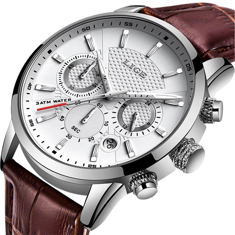 

Lige 9866 Stylish Mens Quartz Wrist Watches Leather Strap Chrono Reloj Luxury Men Watches Waterproof