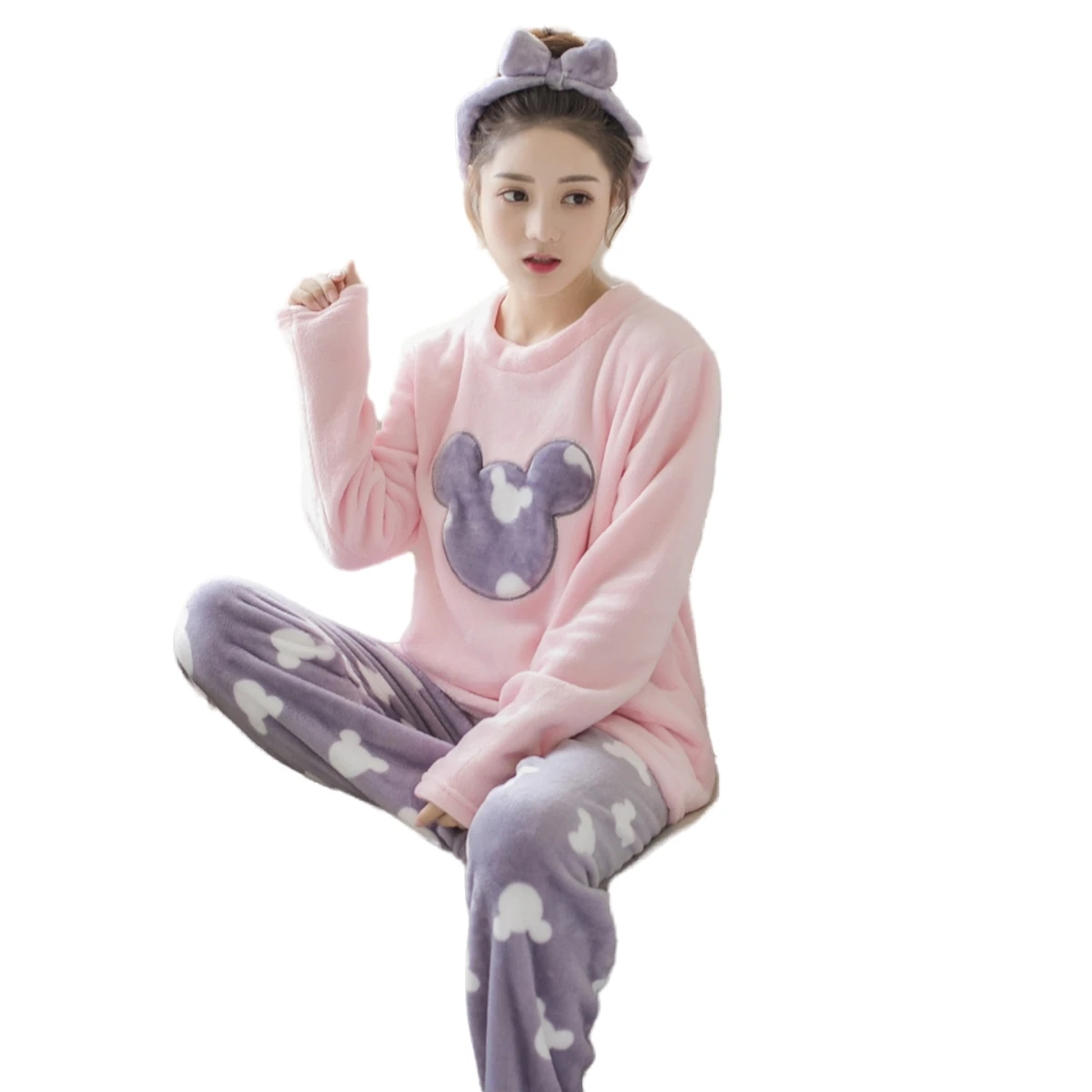

wholesale Amazon hot sell flannel winter warm women printed two pieces set sleepwear pajamas, 21 colors available