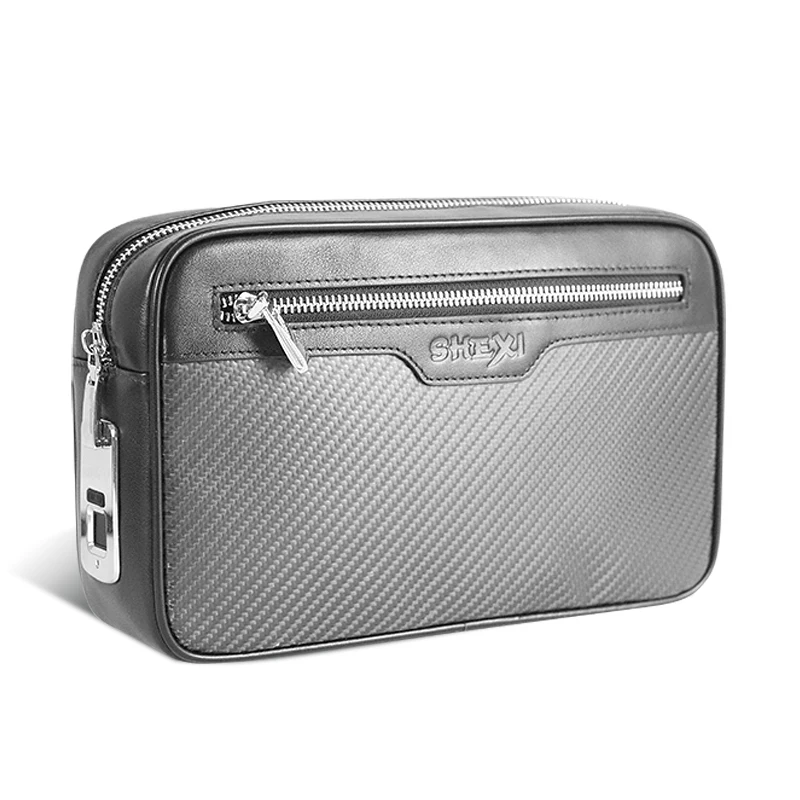 

2020 custom logo carbon fiber genuine leather clutch bag handbag with fingerprint lock for men, Black