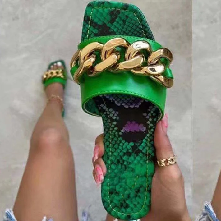 

Flat Beauty Animal Print Summer Women Slippers Slides With Metal Decorate Open Square Toe Outdoor Simple Slides Slippers Shoes, Black red green purple