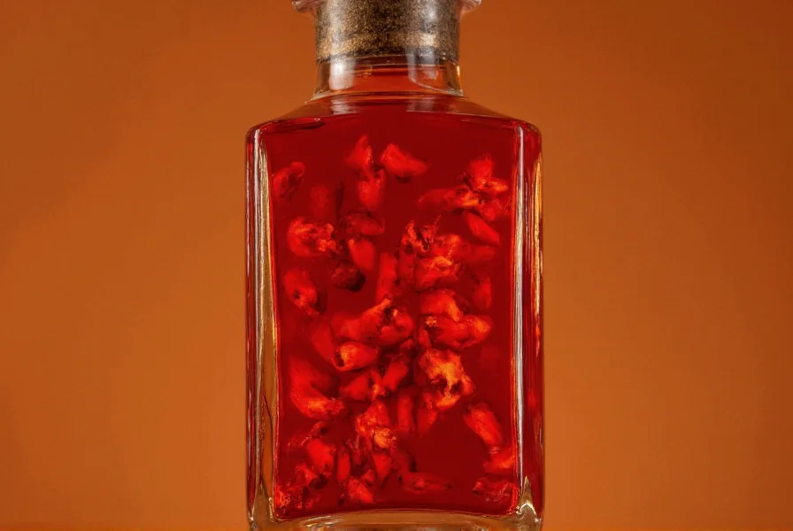 Close-up of artisanal chili liquor bottle with red pepper visible inside clear liquid