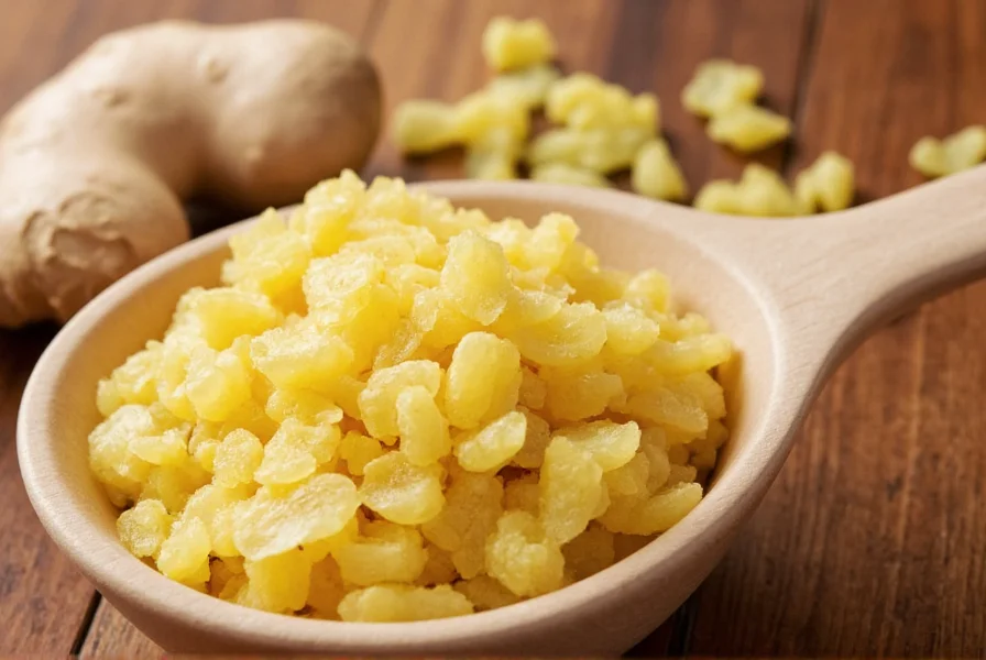 Glass jar filled with golden crystallized ginger pieces stored in a cool, dark pantry with proper labeling and airtight seal