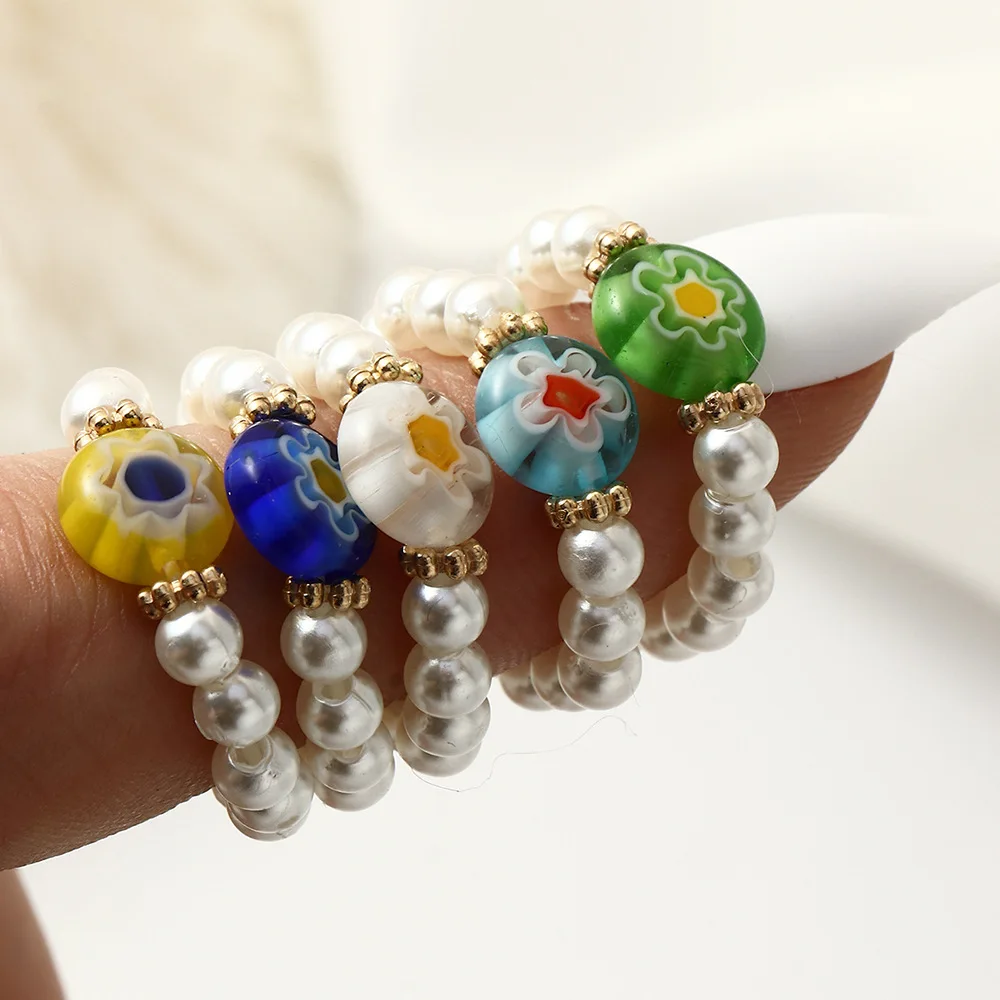 

OUYE Personalized beaded pearl ring 5 sets adjustable and interesting colorful colored glass bead flower ring female