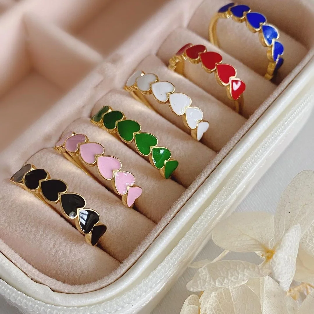 

Trendy Gold Color Drip oil Heart Love Ring Enamel Heart Rings for Women Fashion Adjustable Opening Ring Wholesale