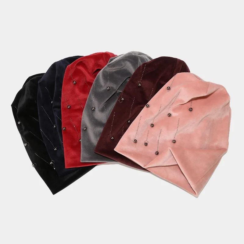 

Free shipping wholesale velvet pearl ironed diamond double layer warmth beanie satin gear knitted hat for woman