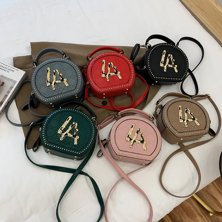 

Fashion rivet round bag 2021 new letter Luxury shoulder messenger ladies handbags, Red, khaki, green, blue, black, pink