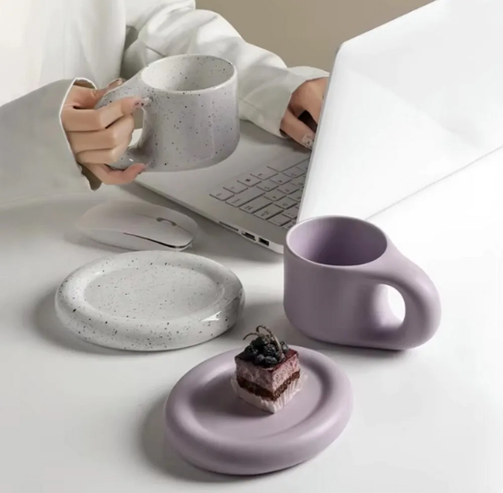 Ceramic Espresso Mugs Coffee Cups Original Handmade Double Layers Mug for Tea Large Saucer Set Creative for Home and Office