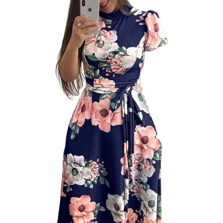 

Modern stylish woman clothing ladies floral print long maxi dress Wholesale Fashion Black Plain Office Women Dress2021