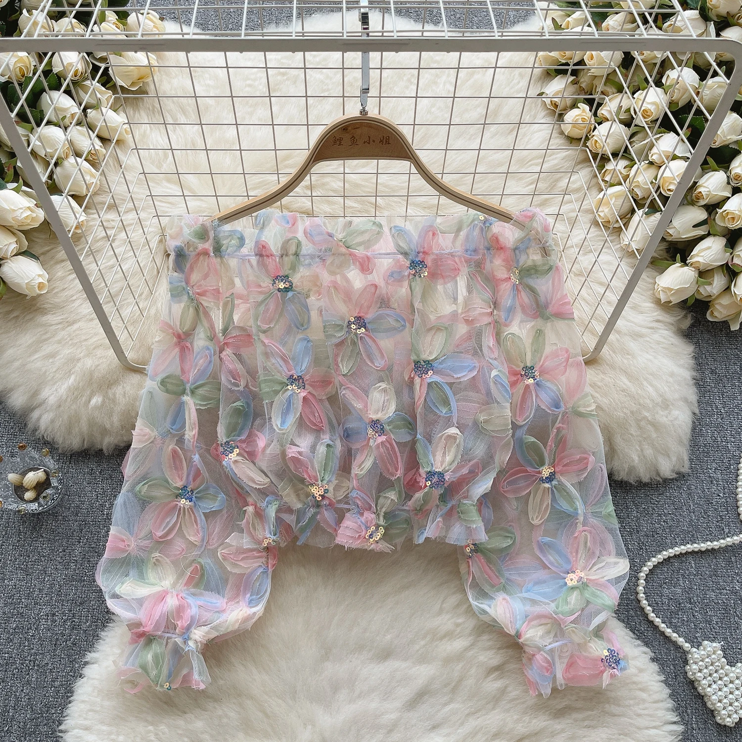 Wholesale 2026 Summer French One Shoulder Long Sleeved 3D Flower Mesh Loose and Slimming Versatile Women's Shirts