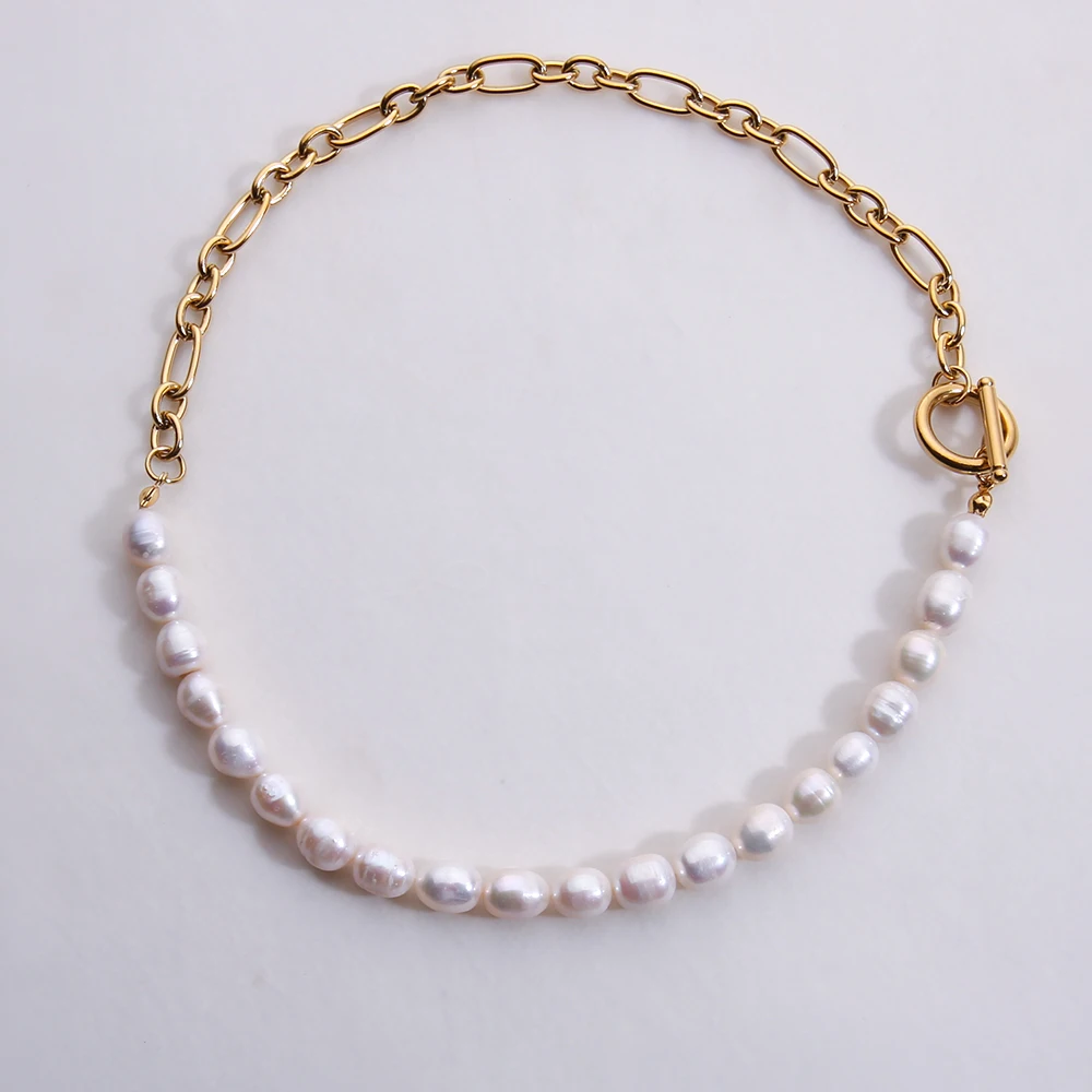 

New Half Paperclip Chain Half Freshwater Pearl Chokers Necklaces Real Gold Plated Oval Chain Necklace For Women Men