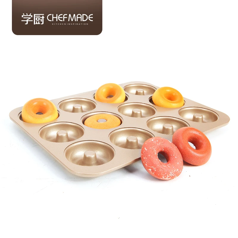 

CHEFMADE New Arrival 12 Cup Carbon Steel Non Stick Cake Pan Donut Baking Pan, Champagne gold