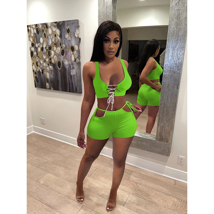

Latest Summer Outfits Tie-Wrap Solid Sexy Two Piece Sets Women Shorts 2PCS Short Pants Set Woman -PT, White,yellow,orange,red,black,fluorescent green