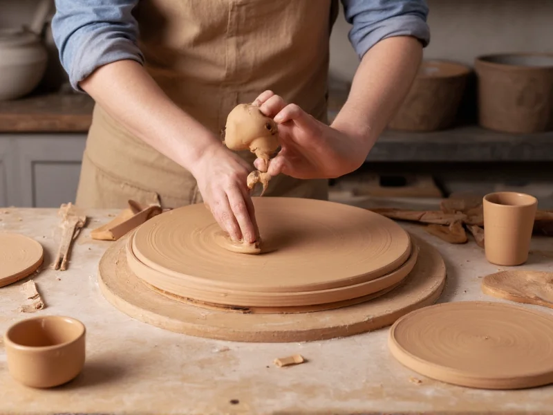 Hand shaping river clay into pottery on wooden table