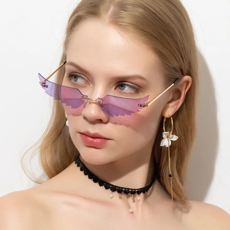 

2020 Trendy Feather Wings Shape Sun Glasses Rimless Shades Sunglasses Womens Fashion Sunglasses For Party, 10 colors