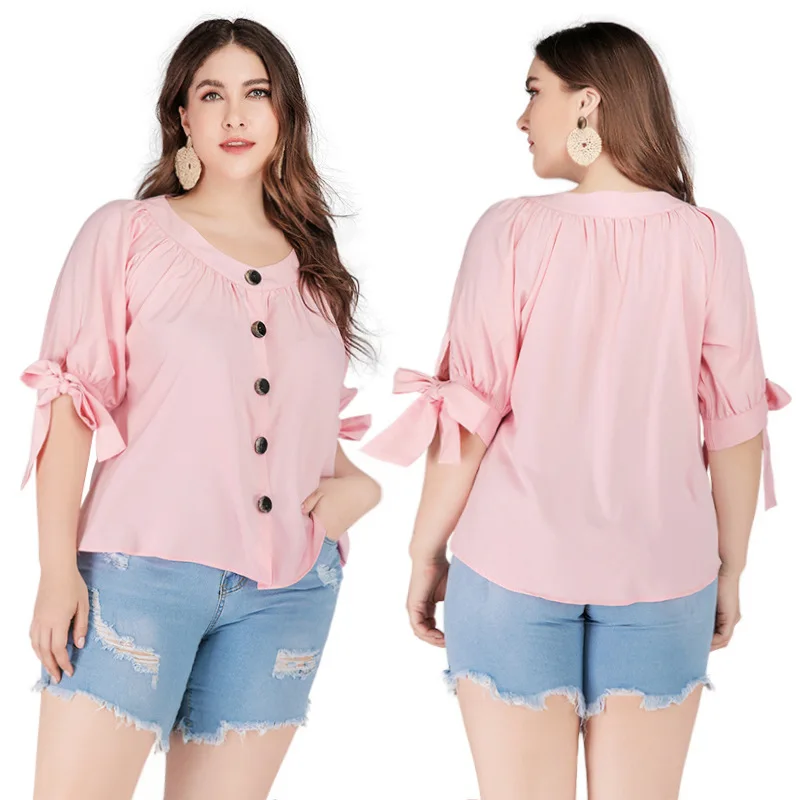

2021 Fat Women Fashion Short Sleeve Single Breasted Blouse Ladies Crew neck Leisure Bow Sleeve Top Girl Fashion Pink Blouse