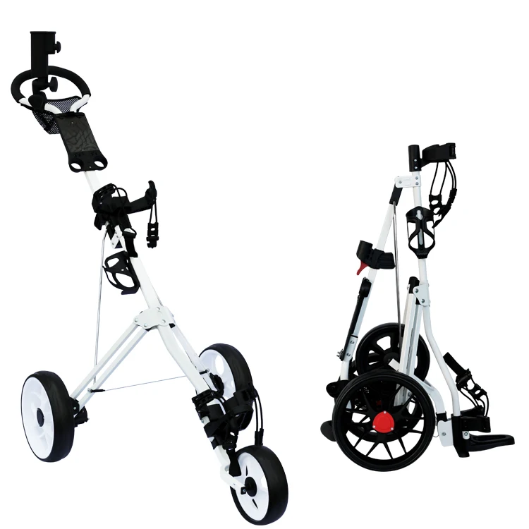 

Hot Sale One-Click Foldable Aluminum Structure Swivel Foldable 3 Wheels Golf Push Cart Trolley With Umbrella Stand Golf Carts