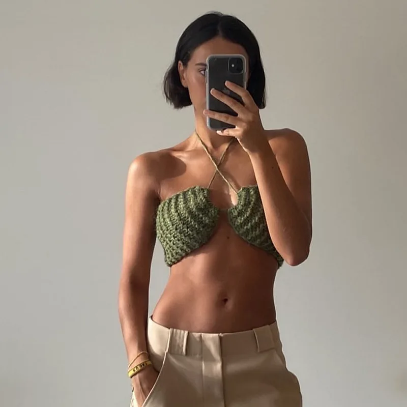 

Summer Knit Sexy Halter Crop Tops For Women Sleeveless Backless Bandage Cut Out Top Woman Club Party Outfits B1379, Can follow customers' requirements