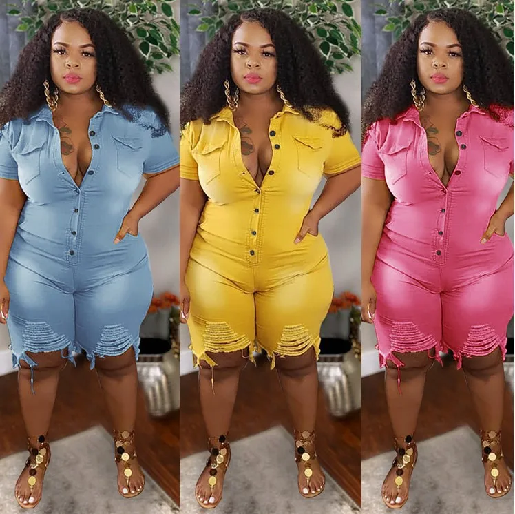 

2021 fashion turn down collar short sleeve onesie button fly 5xl oversize shorts one piece denim jumpsuit women, 2 colors