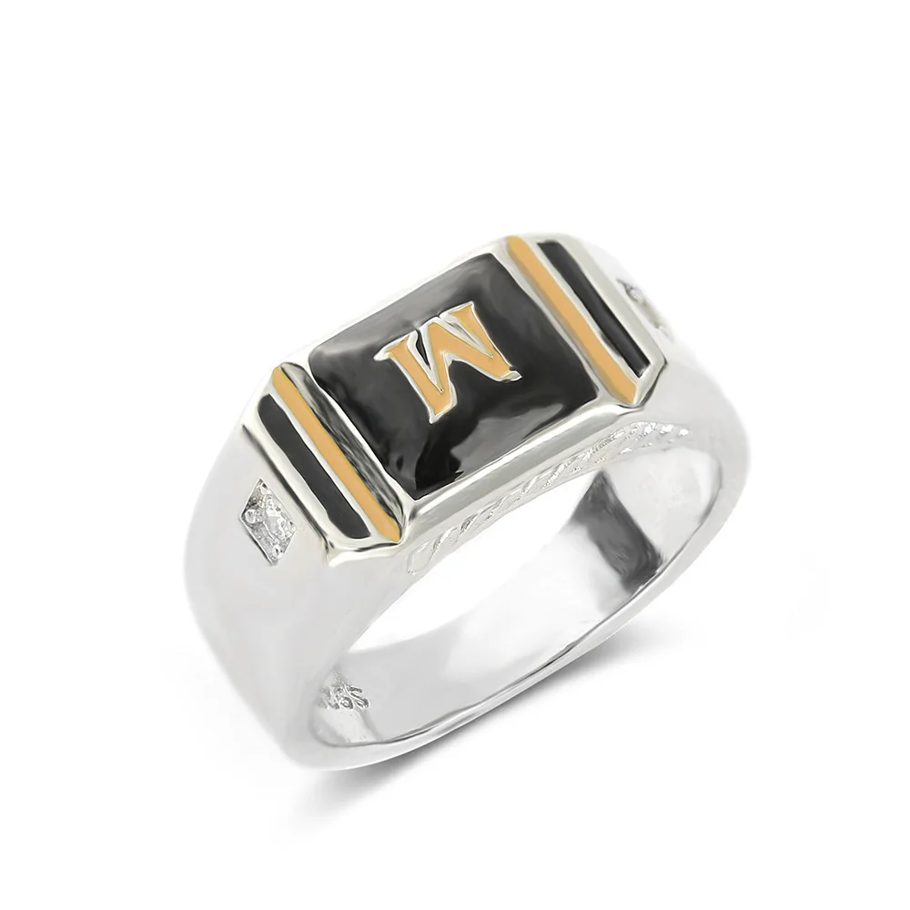 

European and American Domineering Men's Simulation Diamond 3A Zircon 925 Silver Black Epoxy Two-color M Letter Ring