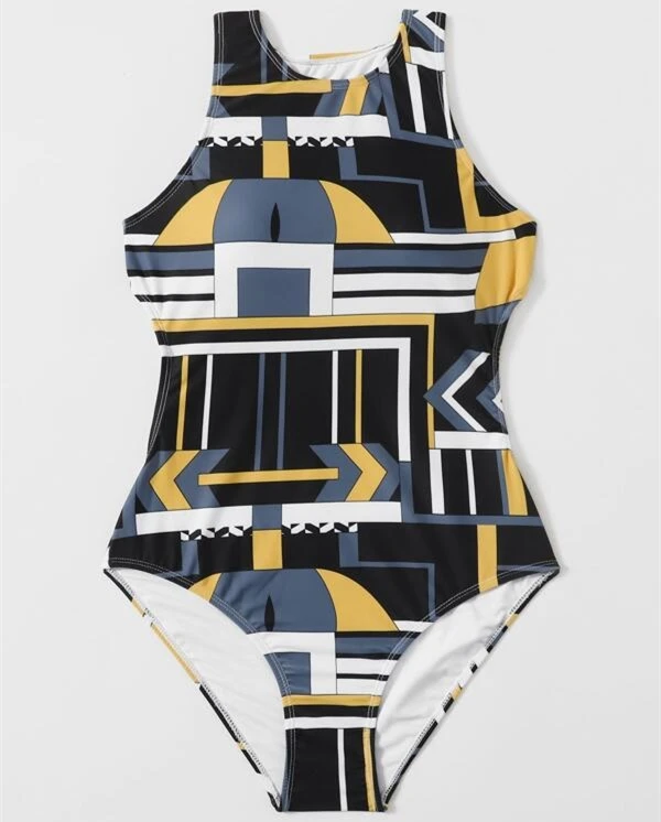 

Geometric Print Open Back One Piece Swimsuit training dancewear gymnastics leotards swimwear& beachwear for women 2021 bikini